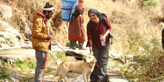 couple w a dog during Forest Bathing, Burnout Recovery and Rejuvenation 'In' VanVaas, Soil village, manali