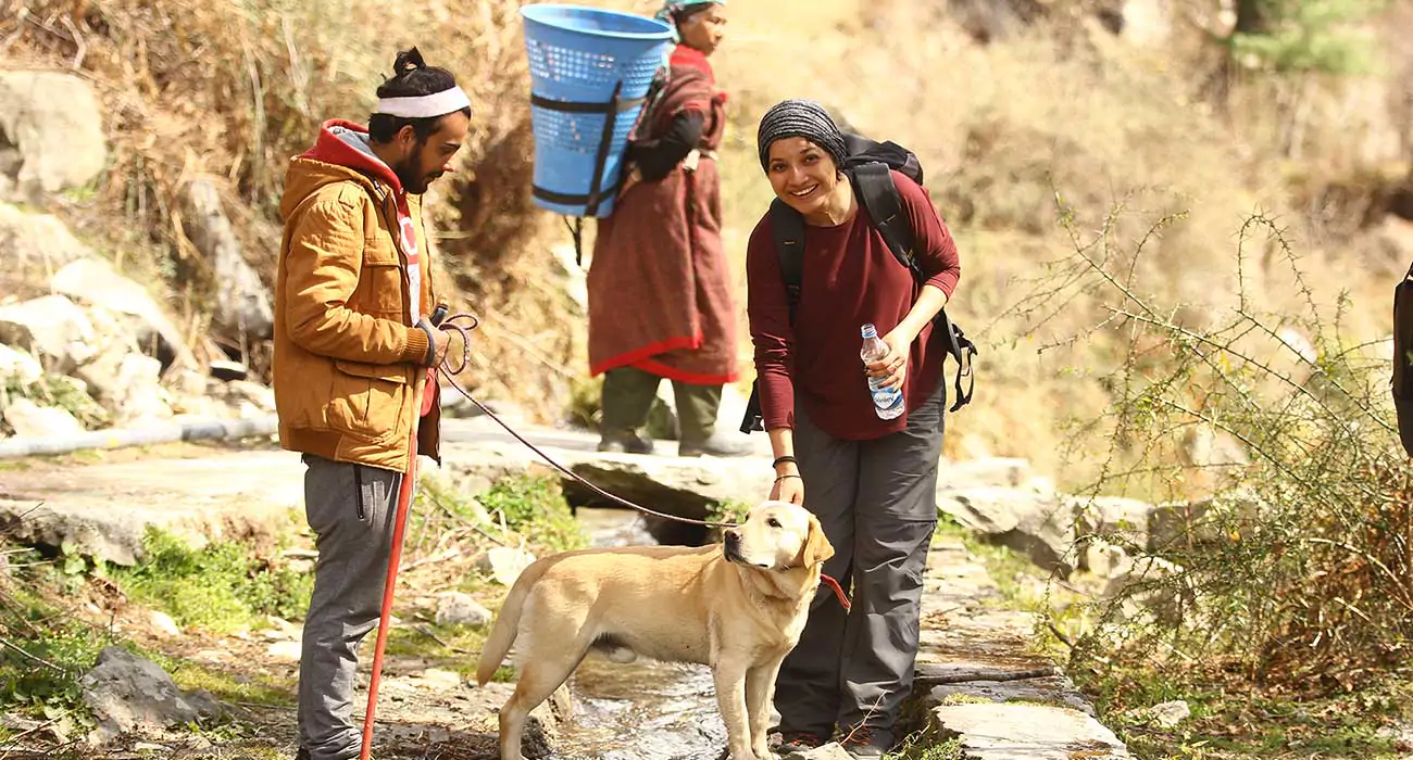 couple w a dog during Forest Bathing, Burnout Recovery and Rejuvenation 'In' VanVaas, Soil village, manali