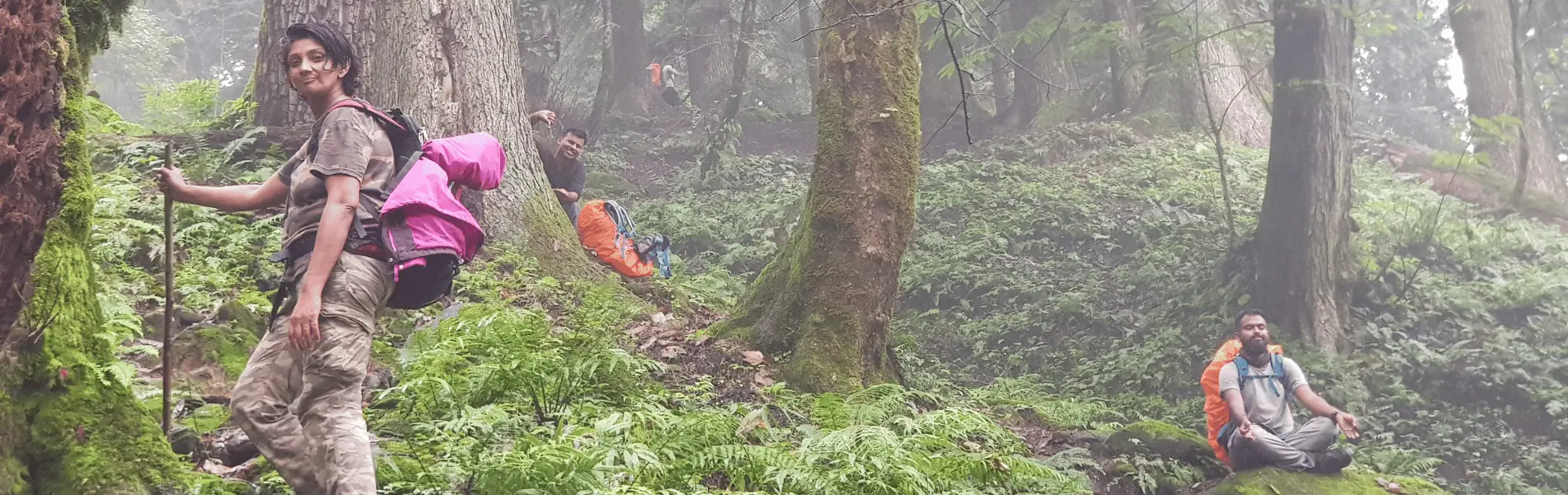 hikers in the forest on the mountain of the broken lake trek with YoloO Life