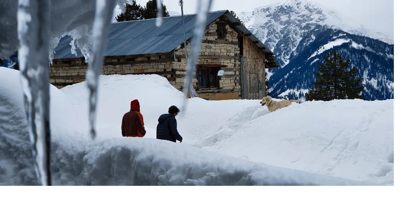 A Lodge half immersed in snow in the wilderness in Sethan village near Manali, HP, india