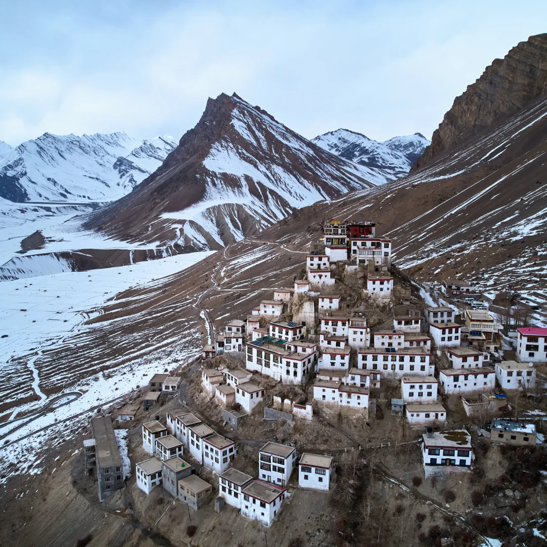 visit ki monastery on winter spiti tour with yoloO life monastery n houses in Ki village in spiti valley