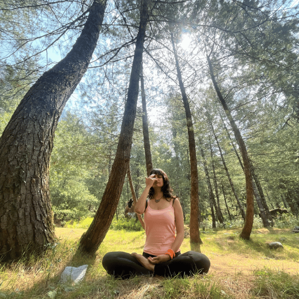 4 days Forest Bathing, Detox And Meditation Retreat At VanVaas w YoloO Life a girl meditating and forest bathing among pine forest