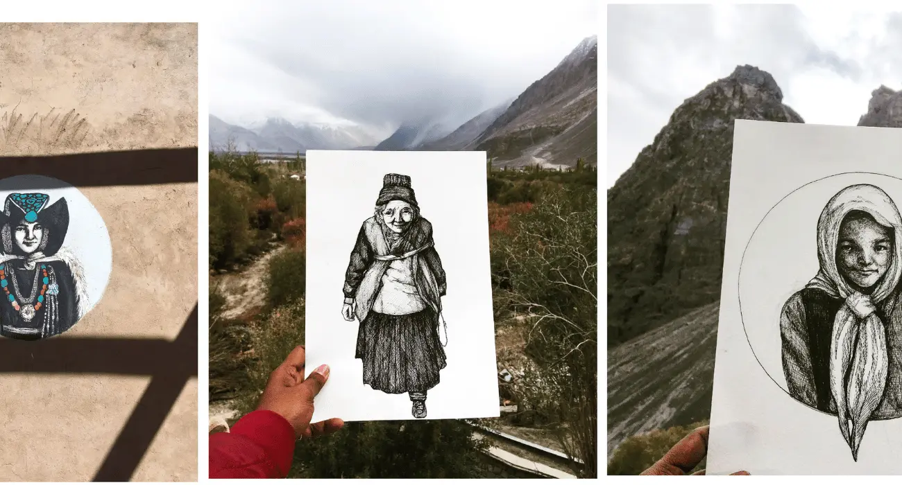 a slowly mindful tour of ladakh with YoloO.Life sketch of Ladakhi village women made on a slowly mindful tour of ladakh with an artist by YoloO Life