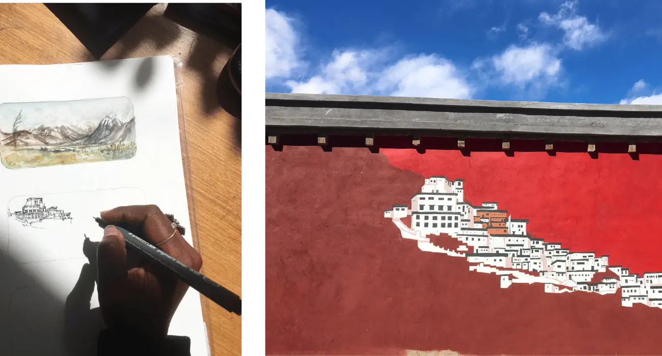 a slowly mindful tour of ladakh with YoloO.Life sketch of a monastery made on aslowly mindful tour of ladakh with an artist